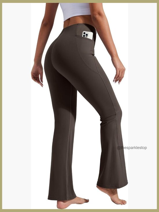 Pants - Flare Yoga Pants Bootcut Leggings with Pockets High Waist Tummy Control